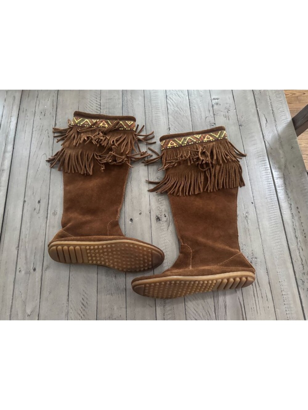 Minnetonka Moccasin Double Fringe Knee-High Suede Boots Brown 7